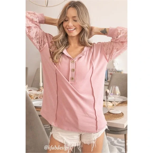 LAST! Button Henley Style Dusty Rose Floral Lace Sleeve Top! - Picture 9 of 13